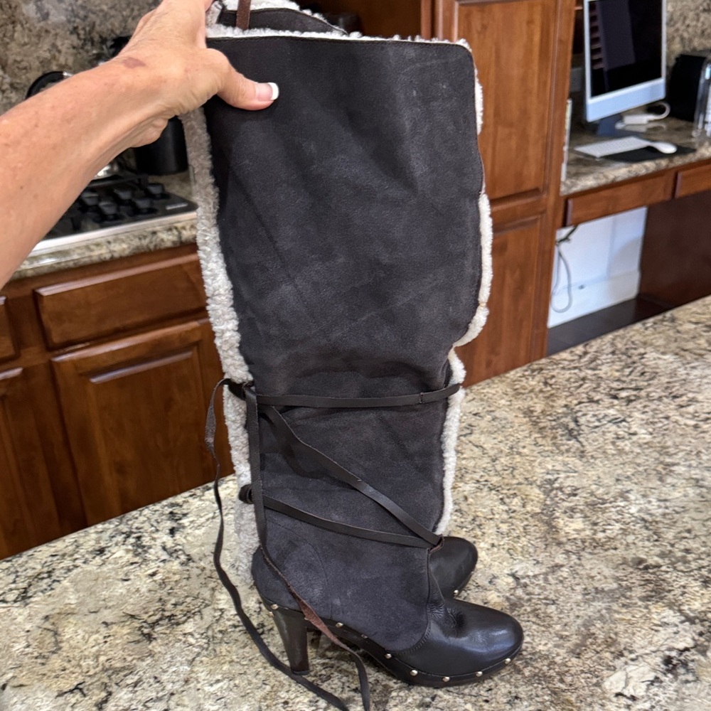 Michael Kors Collection Black Heeled Boots with Shearling Trim